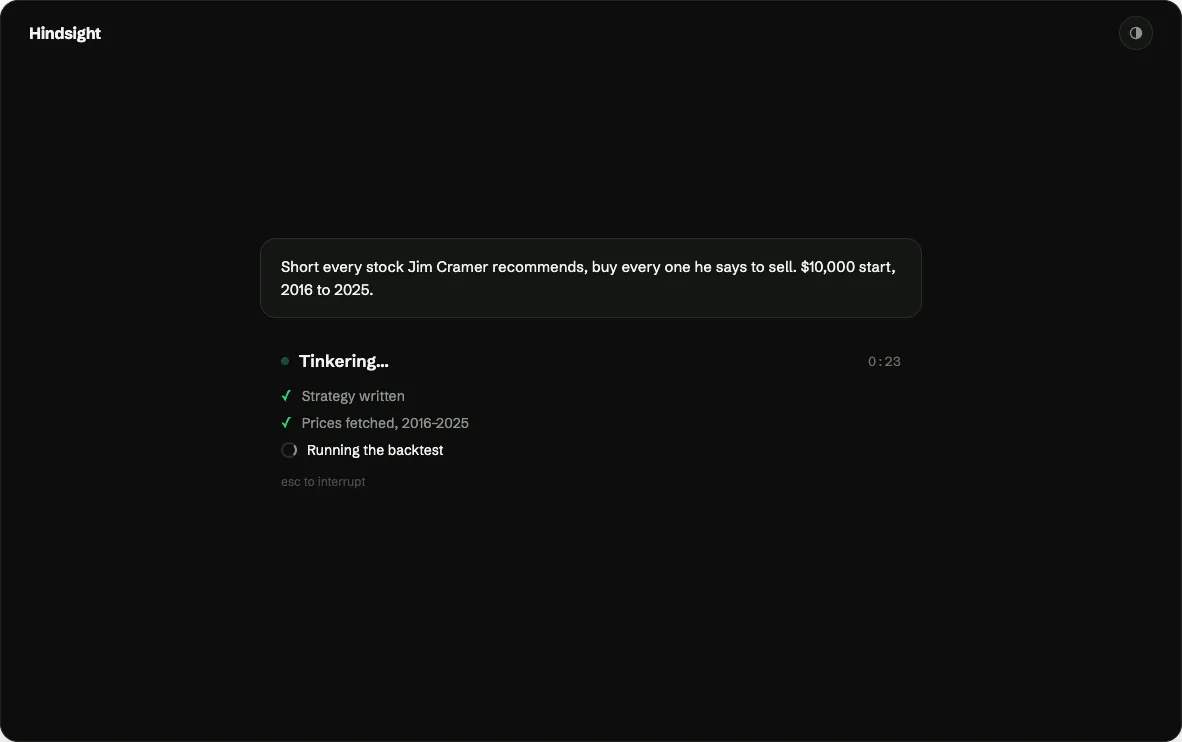 The agent streaming its steps while it builds and runs a strategy